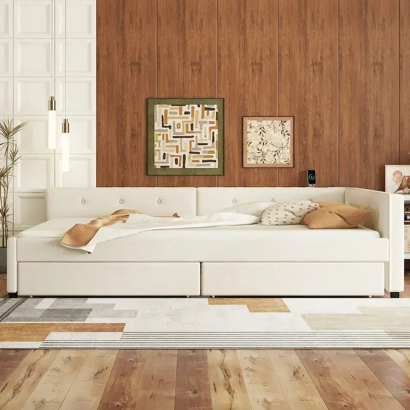 Upholstered Platform Bed L-shape Corner Daybed with 2 Drawers and Built-in USB, Grounding Sofa Bed with Button Tufted Guardrail