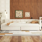 Upholstered Platform Bed L-shape Corner Daybed with 2 Drawers and Built-in USB, Grounding Sofa Bed with Button Tufted Guardrail