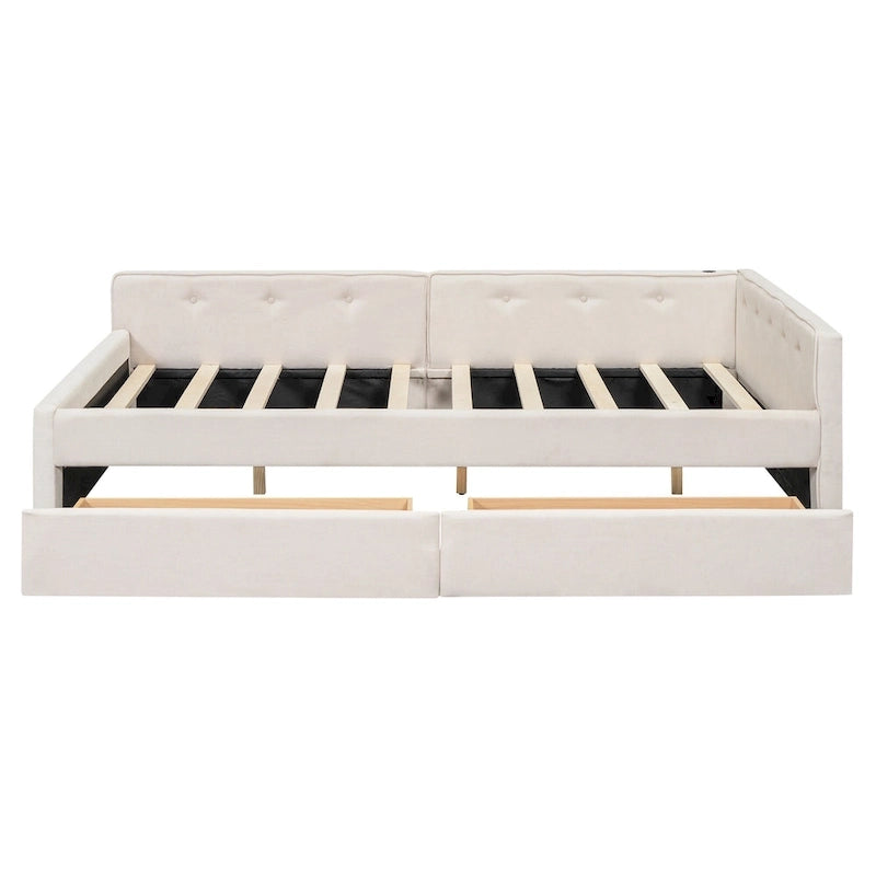Upholstered Platform Bed L-shape Corner Daybed with 2 Drawers and Built-in USB, Grounding Sofa Bed with Button Tufted Guardrail