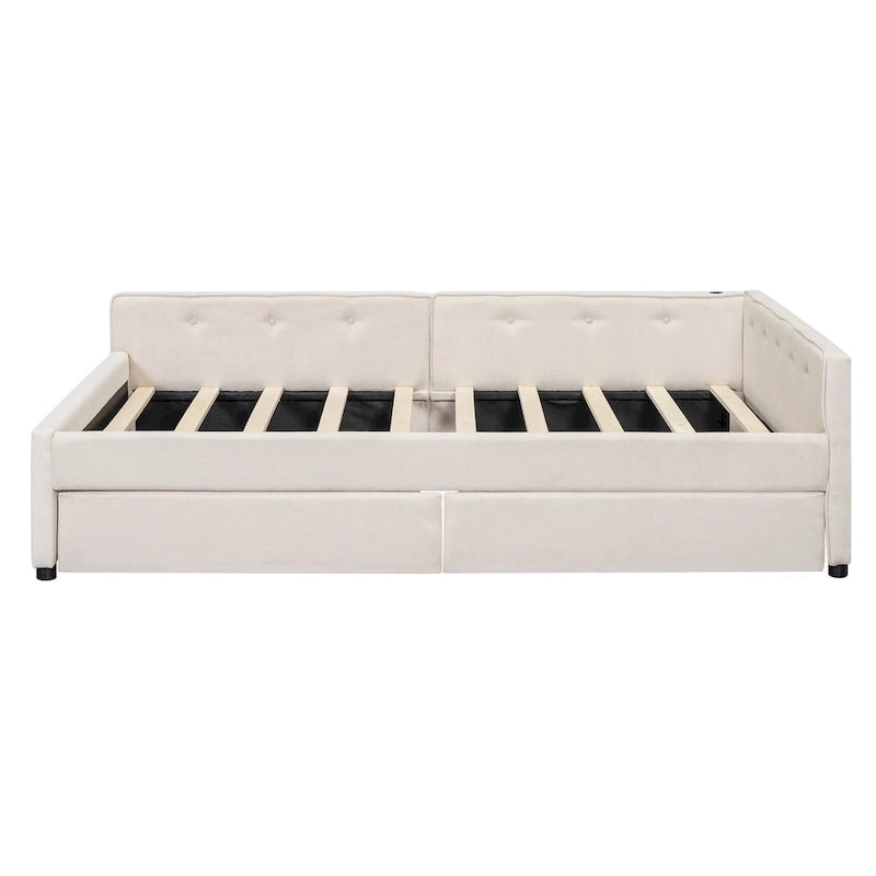 Upholstered Platform Bed L-shape Corner Daybed with 2 Drawers and Built-in USB, Grounding Sofa Bed with Button Tufted Guardrail