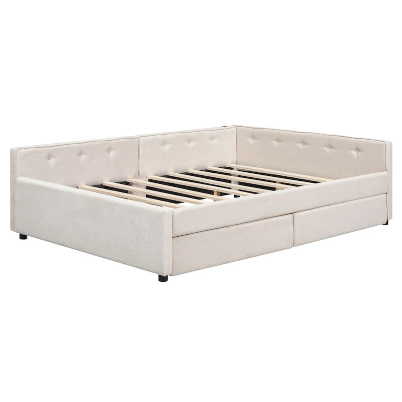 Upholstered Platform Bed L-shape Corner Daybed with 2 Drawers and Built-in USB, Grounding Sofa Bed with Button Tufted Guardrail