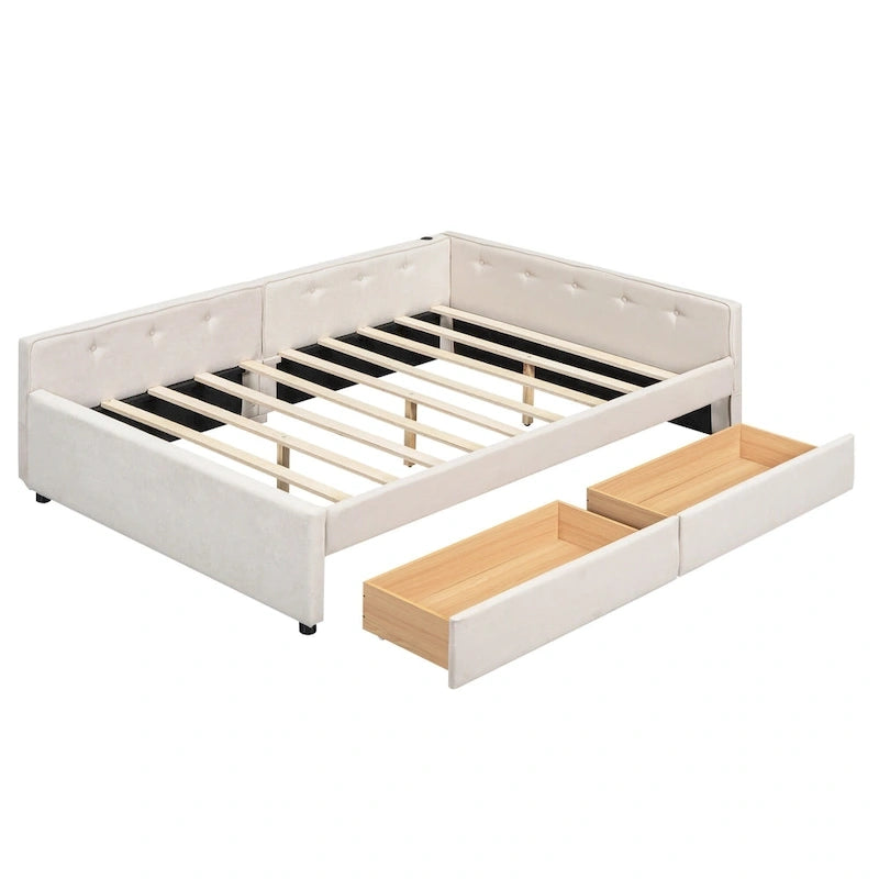 Upholstered Platform Bed L-shape Corner Daybed with 2 Drawers and Built-in USB, Grounding Sofa Bed with Button Tufted Guardrail