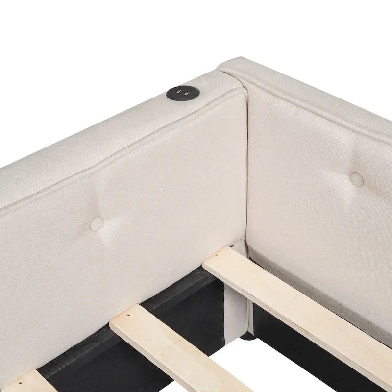 Upholstered Platform Bed L-shape Corner Daybed with 2 Drawers and Built-in USB, Grounding Sofa Bed with Button Tufted Guardrail