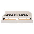 Upholstered Platform Bed L-shape Corner Daybed with 2 Drawers and Built-in USB, Grounding Sofa Bed with Button Tufted Guardrail