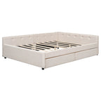 Upholstered Platform Bed L-shape Corner Daybed with 2 Drawers and Built-in USB, Grounding Sofa Bed with Button Tufted Guardrail