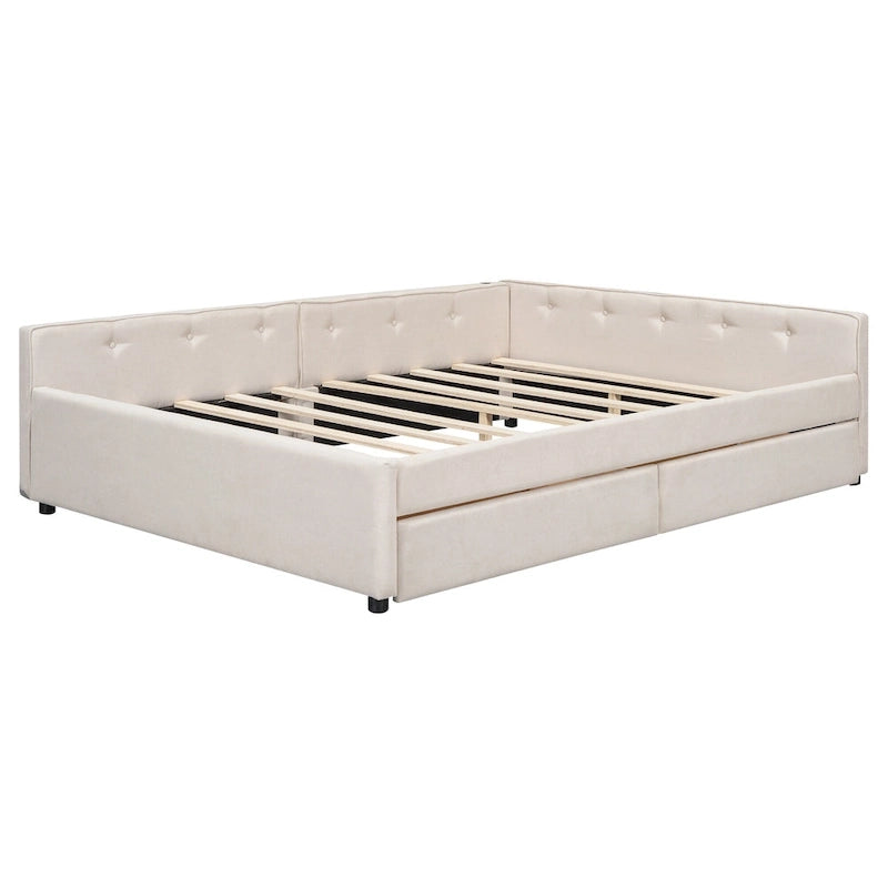 Upholstered Platform Bed L-shape Corner Daybed with 2 Drawers and Built-in USB, Grounding Sofa Bed with Button Tufted Guardrail