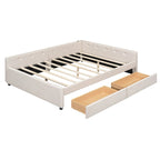 Upholstered Platform Bed L-shape Corner Daybed with 2 Drawers and Built-in USB, Grounding Sofa Bed with Button Tufted Guardrail