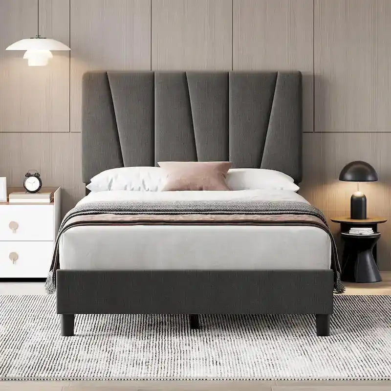 Linen Upholstered Platform Bed Frame with Strong Wooden Slats