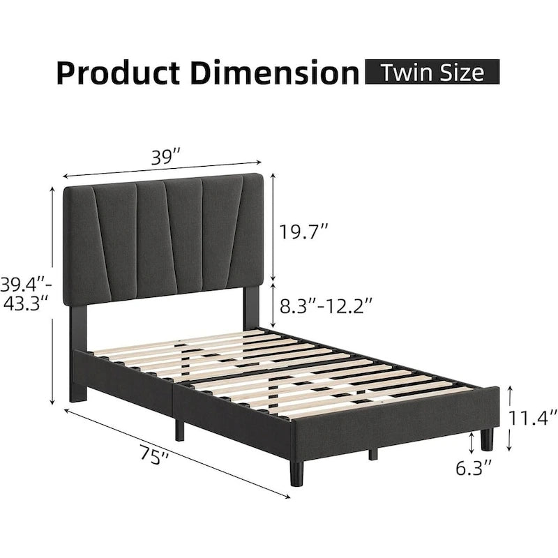 Linen Upholstered Platform Bed Frame with Strong Wooden Slats