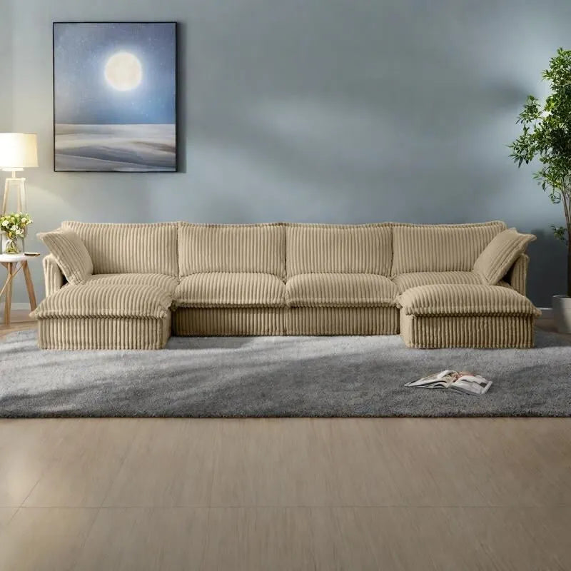 156.6 Corduroy U-Shape 4-Seater Sectional Sofa with Removable Slipcover, Deep Seat Design and French Edge Detailing