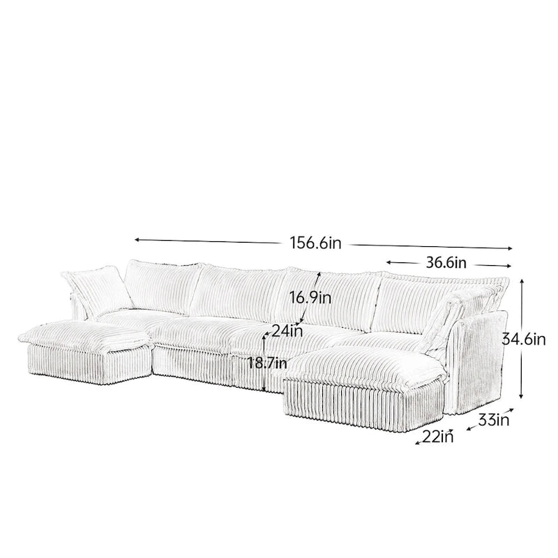 156.6 Corduroy U-Shape 4-Seater Sectional Sofa with Removable Slipcover, Deep Seat Design and French Edge Detailing