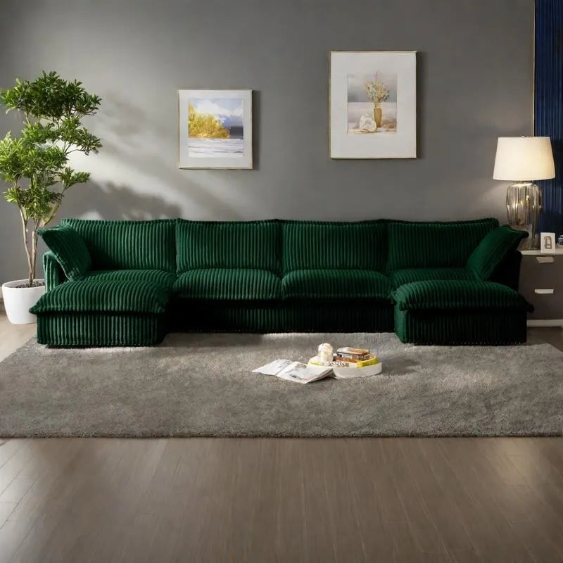 156.6 Corduroy U-Shape 4-Seater Sectional Sofa with Removable Slipcover, Deep Seat Design and French Edge Detailing