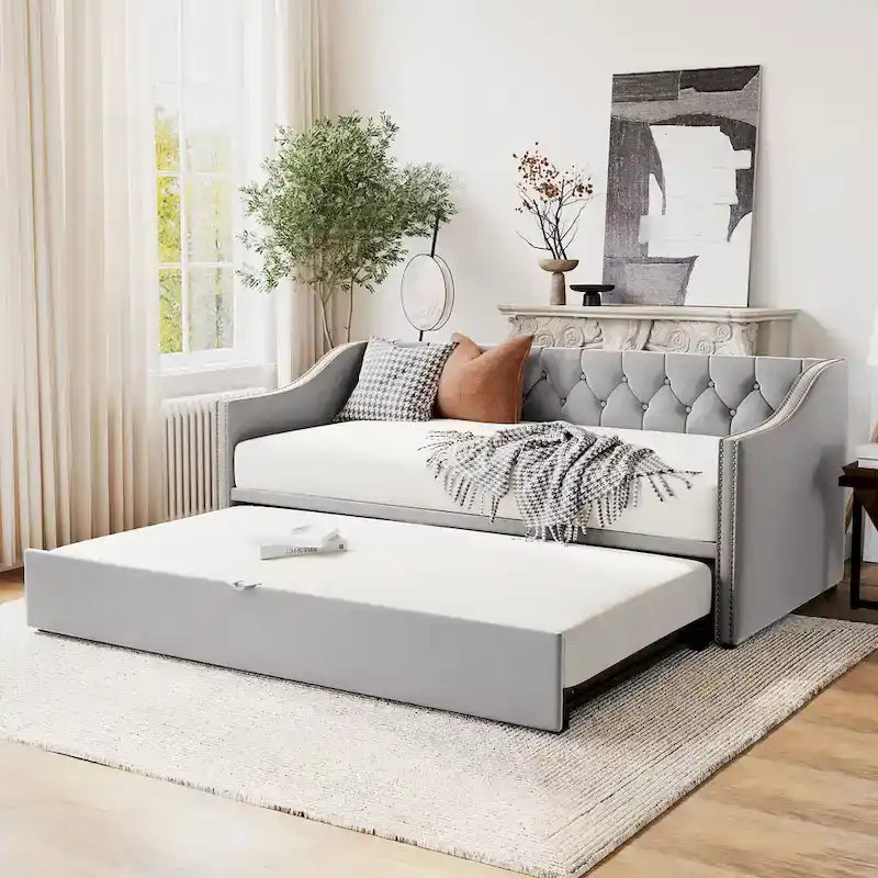 Twin Size Upholstered Daybed with Pop Up Trundle, Gray