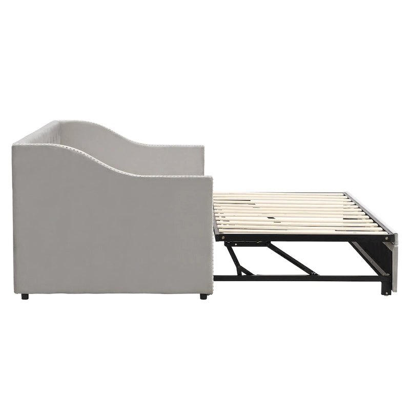 Twin Size Upholstered Daybed with Pop Up Trundle, Gray