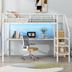 Full Size Loft Bed w/Desk,Storage Staircase,Small Wardrobe,LED Light