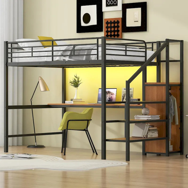 Full Size Loft Bed w/Desk,Storage Staircase,Small Wardrobe,LED Light