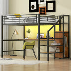 Full Size Loft Bed w/Desk,Storage Staircase,Small Wardrobe,LED Light