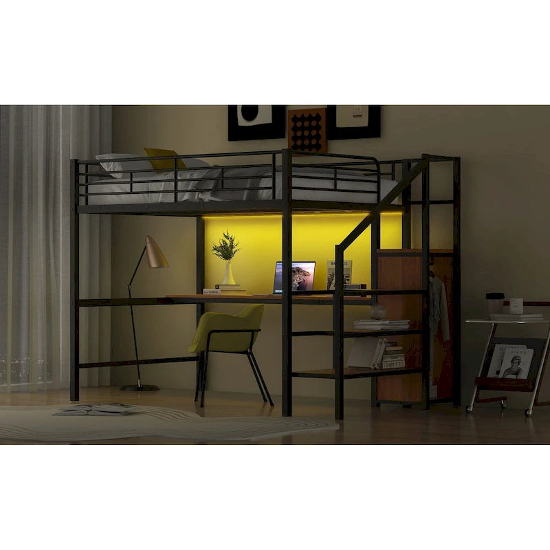 Full Size Loft Bed w/Desk,Storage Staircase,Small Wardrobe,LED Light