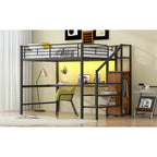 Full Size Loft Bed w/Desk,Storage Staircase,Small Wardrobe,LED Light