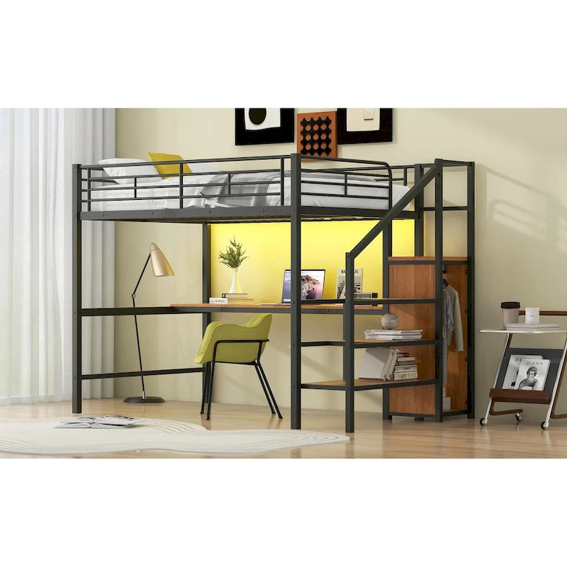 Full Size Loft Bed w/Desk,Storage Staircase,Small Wardrobe,LED Light