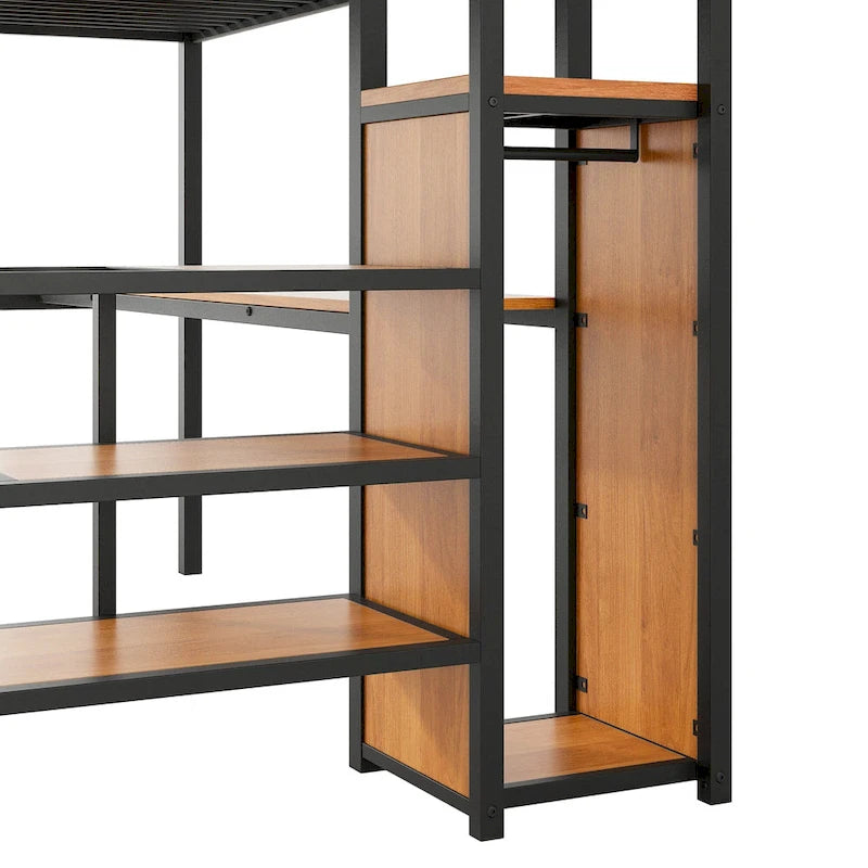 Full Size Loft Bed w/Desk,Storage Staircase,Small Wardrobe,LED Light