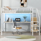 Full Size Loft Bed w/Desk,Storage Staircase,Small Wardrobe,LED Light
