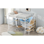 Full Size Loft Bed w/Desk,Storage Staircase,Small Wardrobe,LED Light
