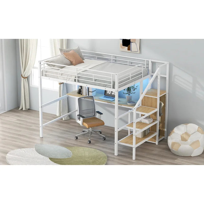 Full Size Loft Bed w/Desk,Storage Staircase,Small Wardrobe,LED Light