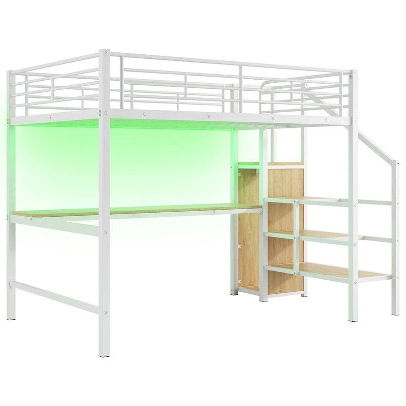 Full Size Loft Bed w/Desk,Storage Staircase,Small Wardrobe,LED Light