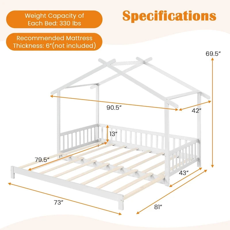 Gymax Wooden House Bed Twin to King Daybed w/ Safety Rails & Decorable