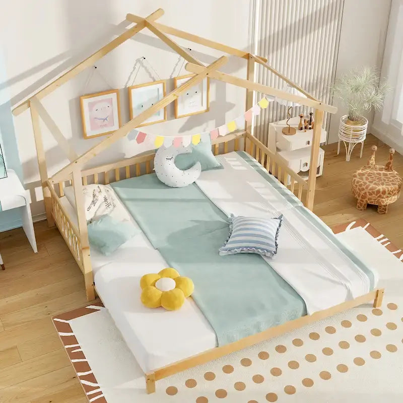 Gymax Wooden House Bed Twin to King Daybed w/ Safety Rails & Decorable