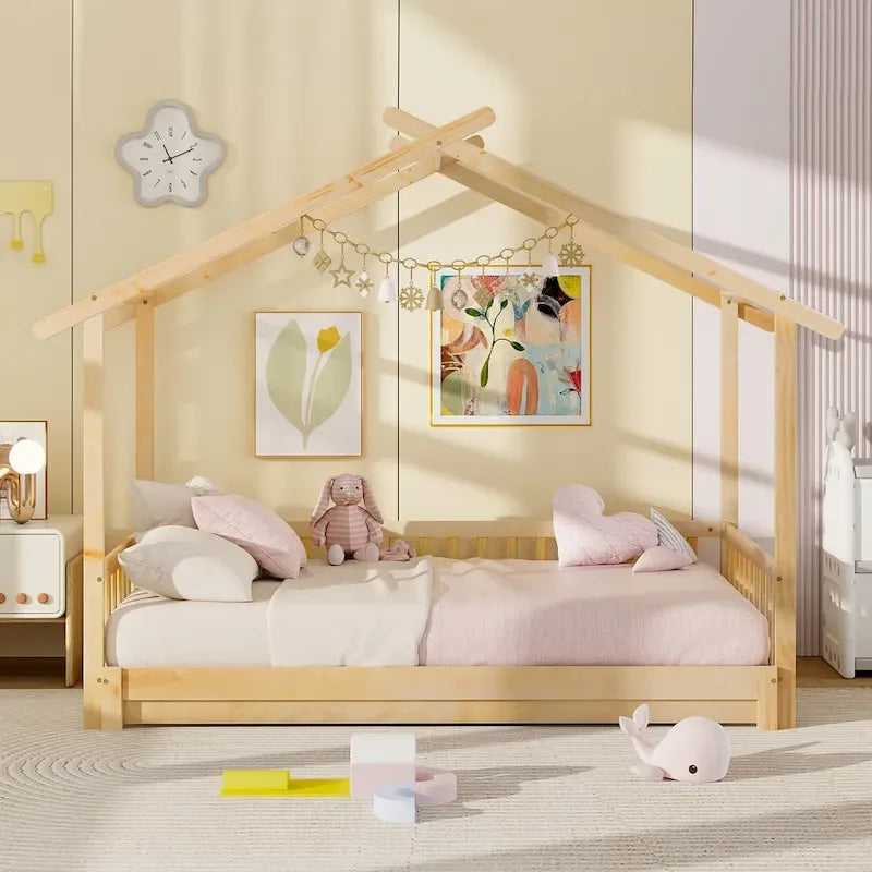 Gymax Wooden House Bed Twin to King Daybed w/ Safety Rails & Decorable
