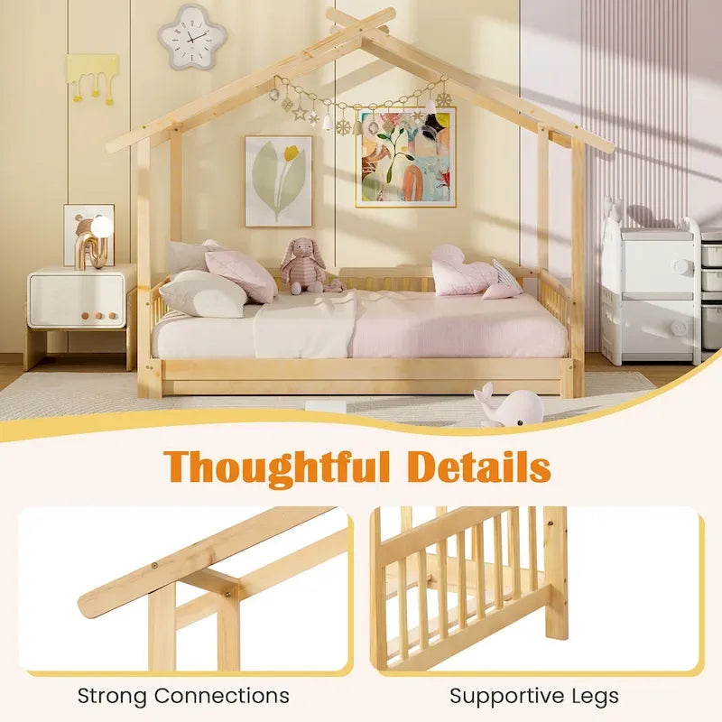 Gymax Wooden House Bed Twin to King Daybed w/ Safety Rails & Decorable