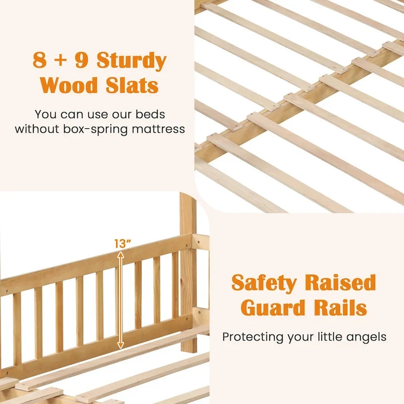 Gymax Wooden House Bed Twin to King Daybed w/ Safety Rails & Decorable