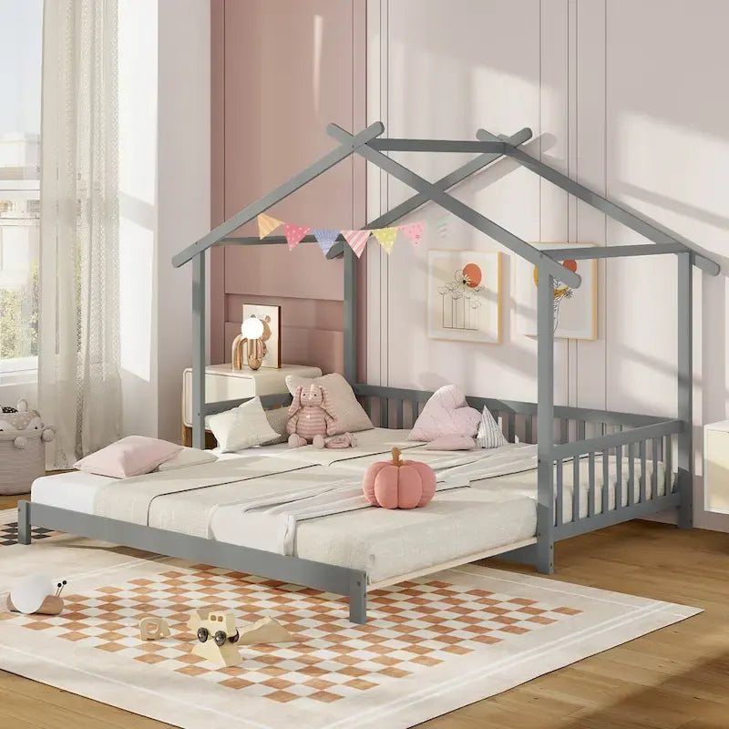 Gymax Wooden House Bed Twin to King Daybed w/ Safety Rails & Decorable