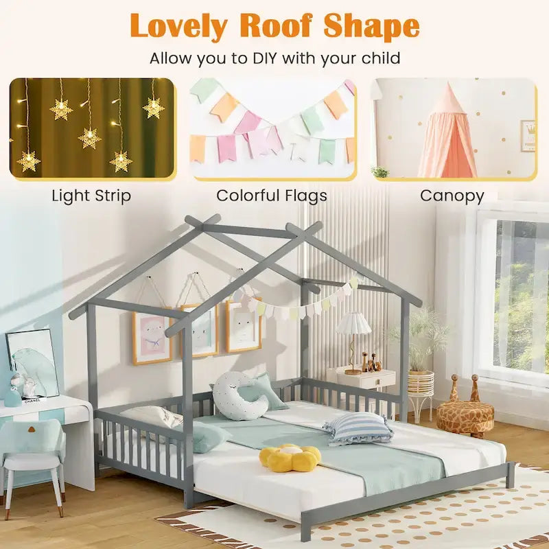 Gymax Wooden House Bed Twin to King Daybed w/ Safety Rails & Decorable