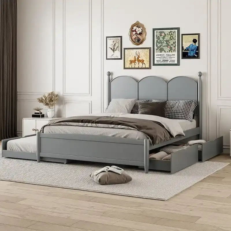 Queen Size Platform Bed with Vintage Headboard, Multifunctional Storage Bed Frame with Twin XL Size Trundle & 2 Drawers