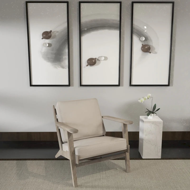 Amber Accent Chair, Handcrafted Slatted Mango Wood, Buffalo Leather Cushions, Angled Legs