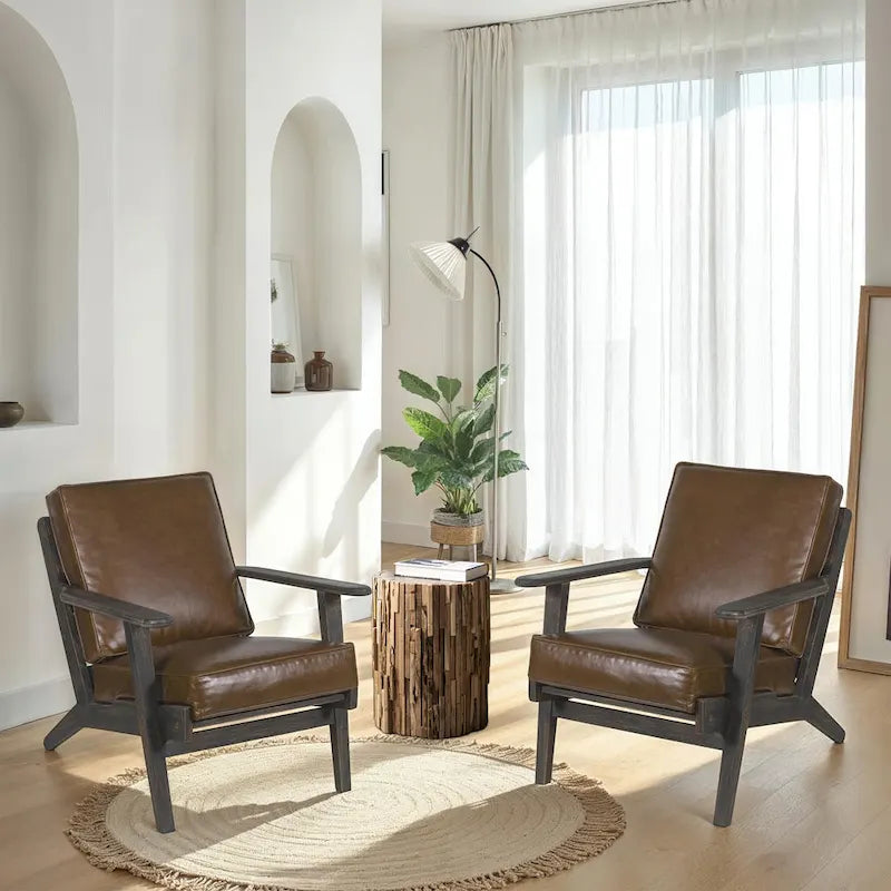 Amber Accent Chair, Handcrafted Slatted Mango Wood, Buffalo Leather Cushions, Angled Legs