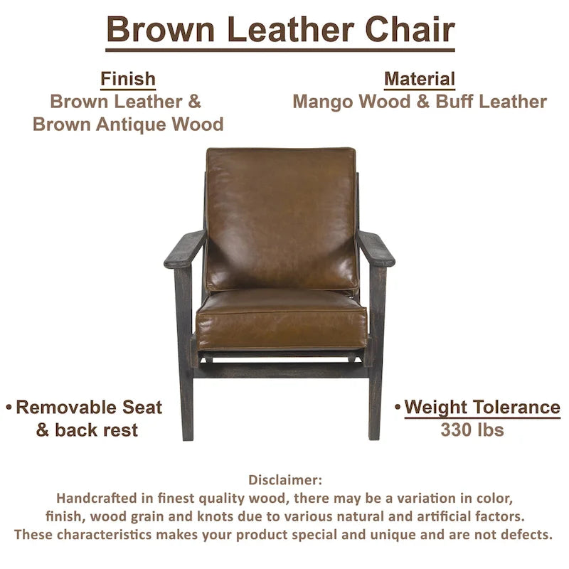 Amber Accent Chair, Handcrafted Slatted Mango Wood, Buffalo Leather Cushions, Angled Legs