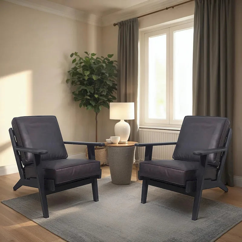 Amber Accent Chair, Handcrafted Slatted Mango Wood, Buffalo Leather Cushions, Angled Legs