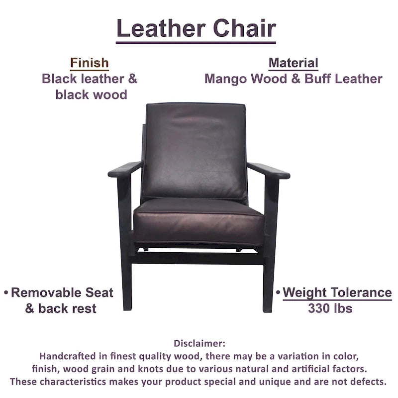 Amber Accent Chair, Handcrafted Slatted Mango Wood, Buffalo Leather Cushions, Angled Legs