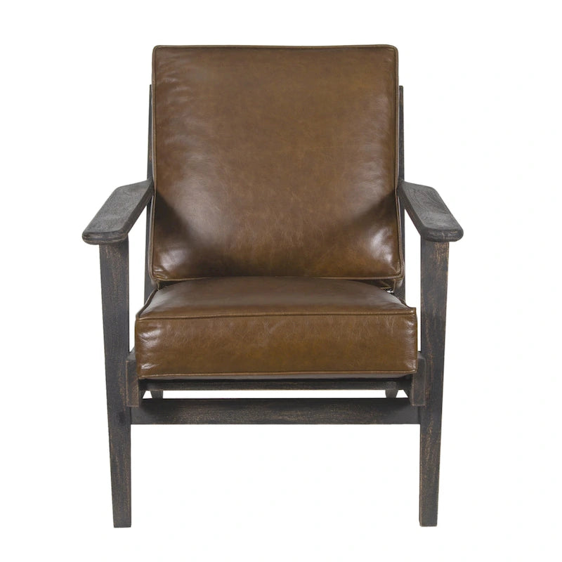 Amber Accent Chair, Handcrafted Slatted Mango Wood, Buffalo Leather Cushions, Angled Legs