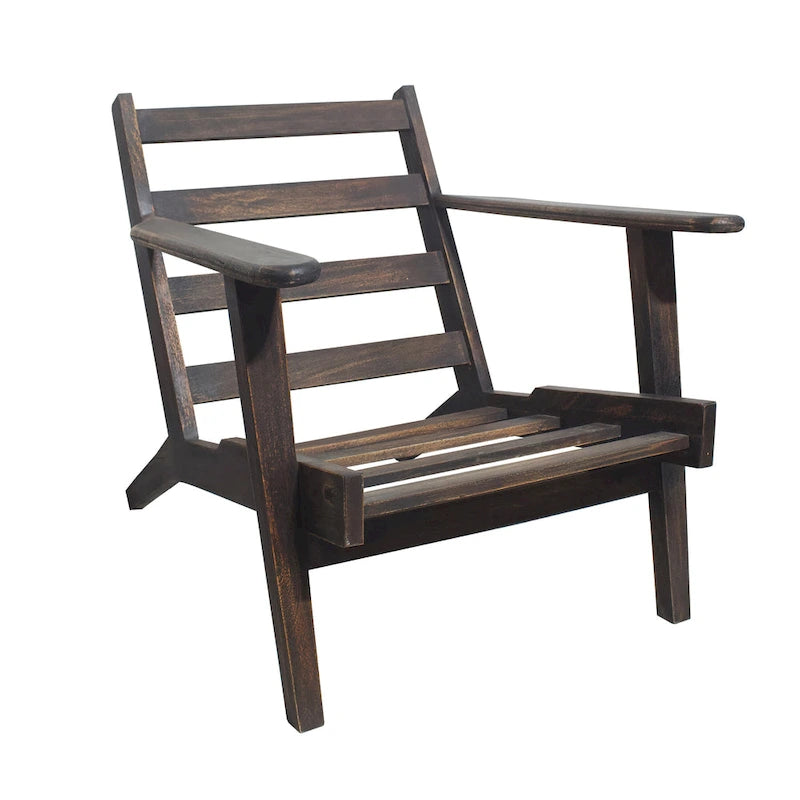 Amber Accent Chair, Handcrafted Slatted Mango Wood, Buffalo Leather Cushions, Angled Legs