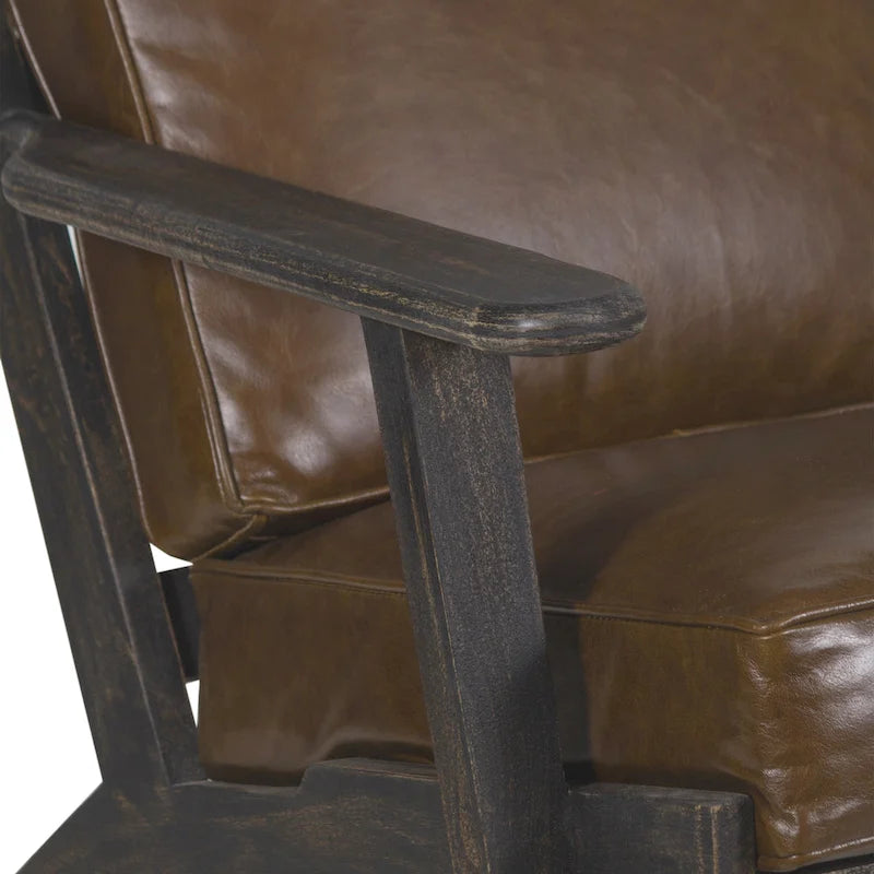 Amber Accent Chair, Handcrafted Slatted Mango Wood, Buffalo Leather Cushions, Angled Legs