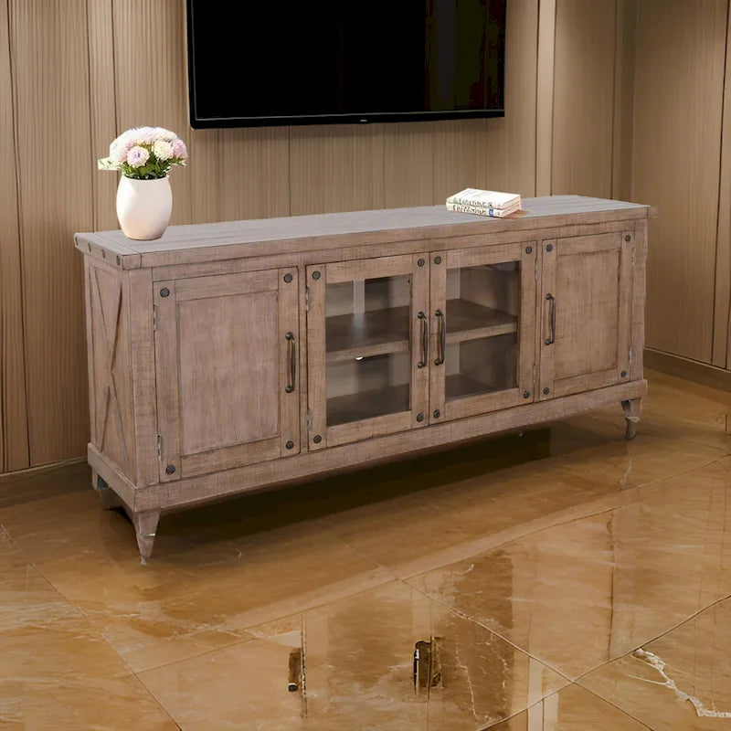 Anva TV Media Console, Shelves, Doors, Light Brown Mahogany, 74 Inch