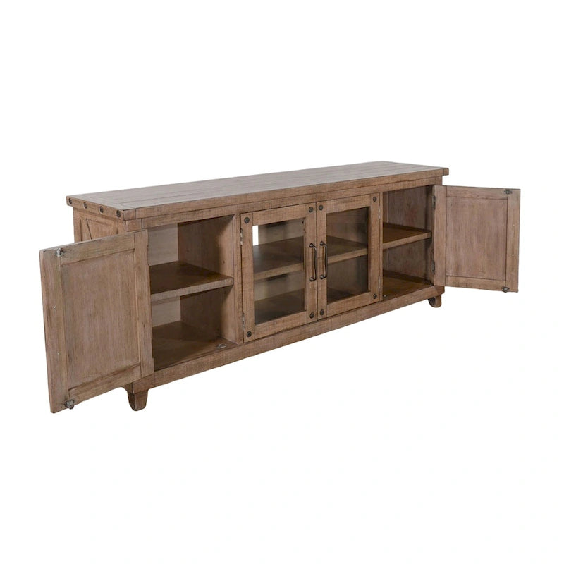 Anva TV Media Console, Shelves, Doors, Light Brown Mahogany, 74 Inch