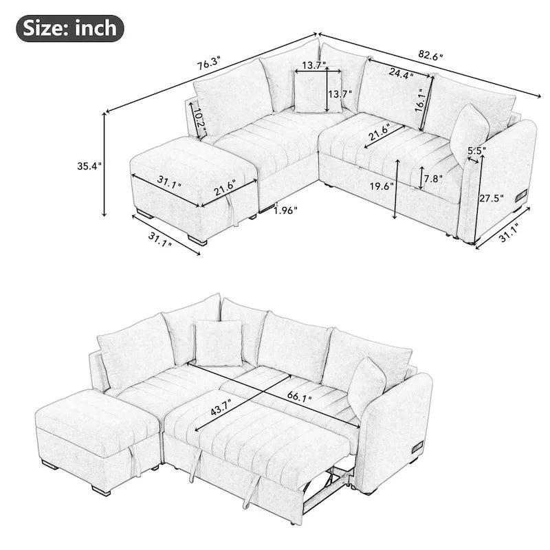 Roomfitters L-Shaped Pull-Out Sleeper Sofa with USB Ports, Power Sockets, and Movable Storage Ottoman