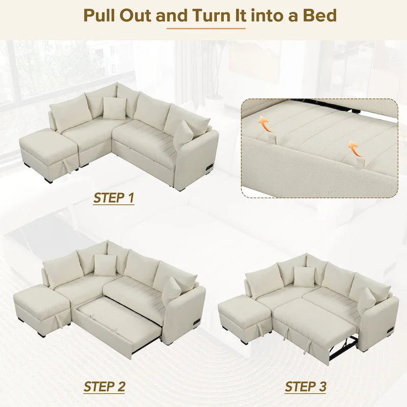 Roomfitters L-Shaped Pull-Out Sleeper Sofa with USB Ports, Power Sockets, and Movable Storage Ottoman