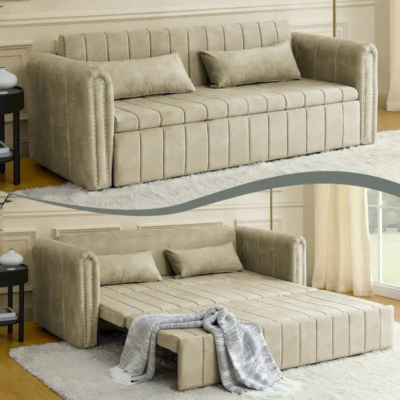 Velvet Upholstered Modern Convertible Sleeper Lounge Sofa Bed with Rolled Arms Decorated with Copper Nails